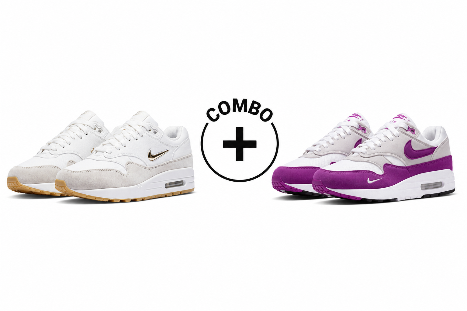 Nike Air Max 1 'Jewel' (White/Gum) + Nike Air Max 1 (White/Purple) Combo