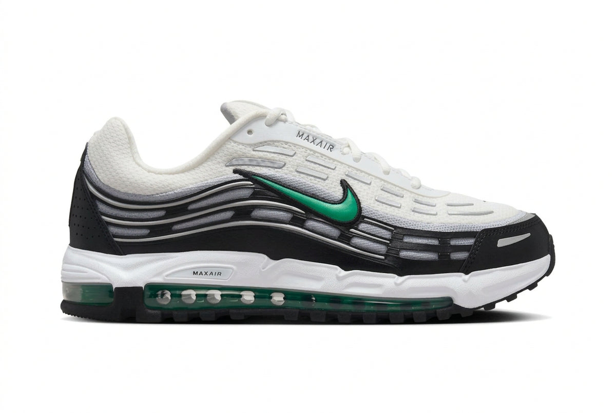 Side view of Nike Air Max TL 2.5 Celtics in white and black with a green Swoosh