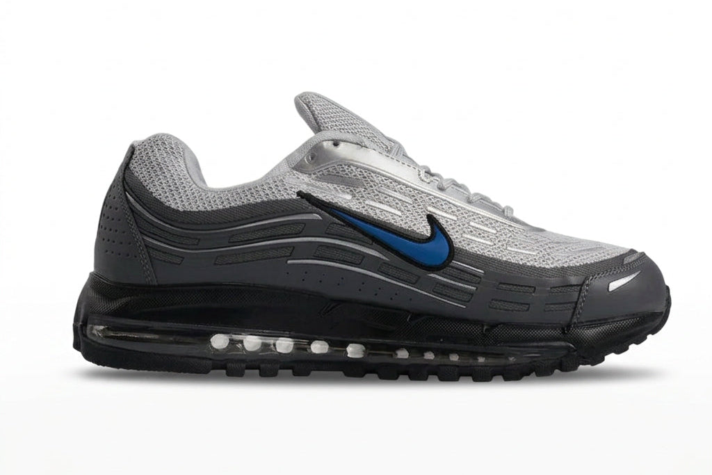 Side view of Nike Air Max TL 2.5 sneaker in grey and black with a blue Swoosh